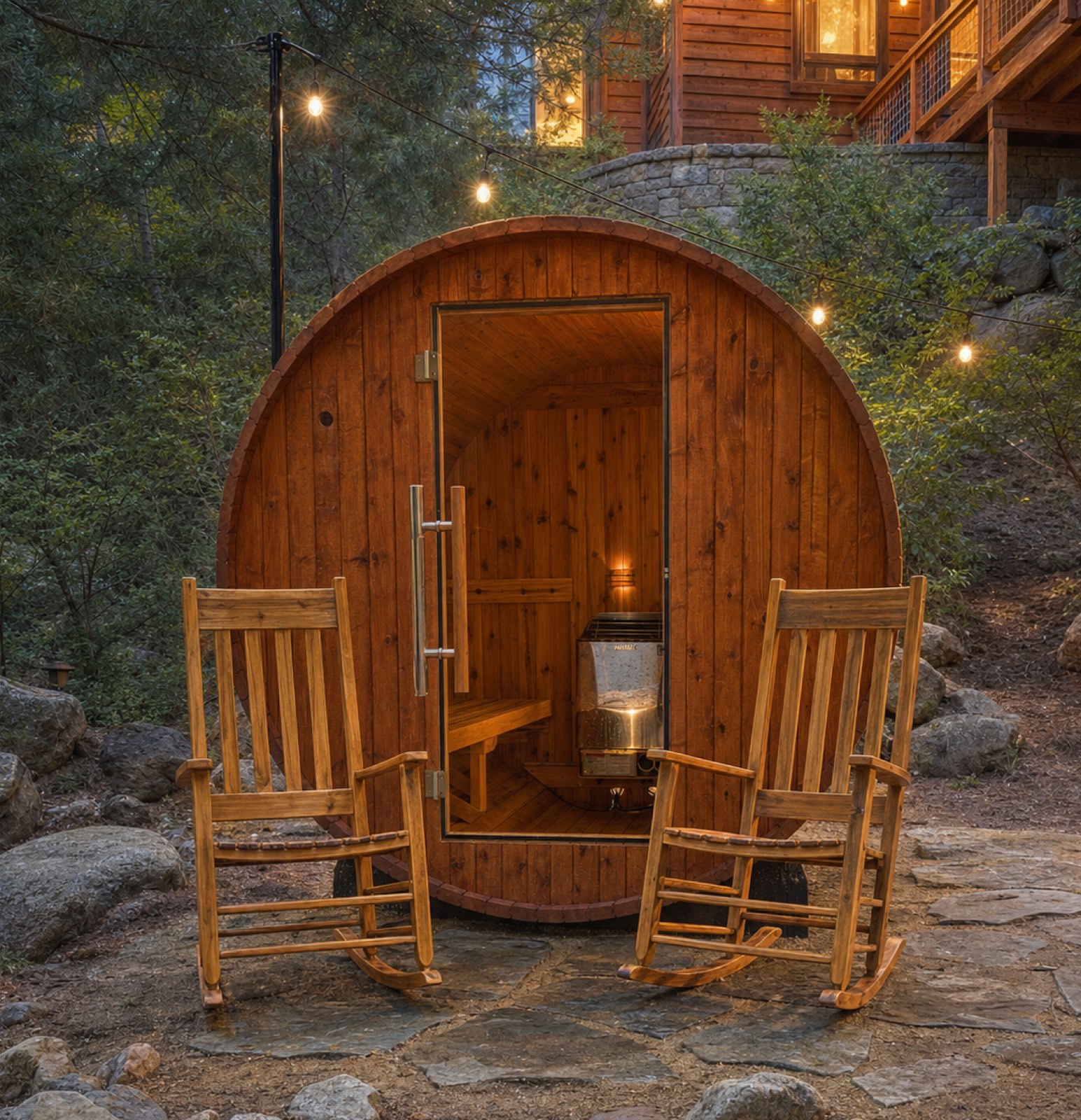 Cedar barrel sauna glowing from within at dusk, string lights overhead, beside Second Creek at 623 Tyner Way